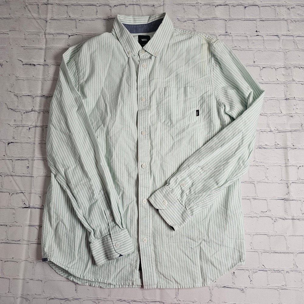 Vans Classic Fit Striped Button Down Shirt Mint‎ Green White Medium Long Sleeve